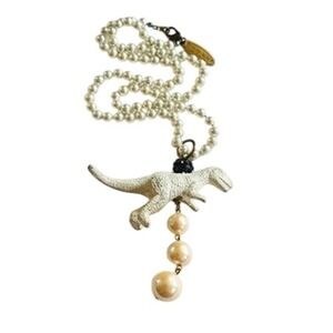 Lenora Dame signed T-Rex Necklace Pearl Dinosaur Statement Designer beaded 22"